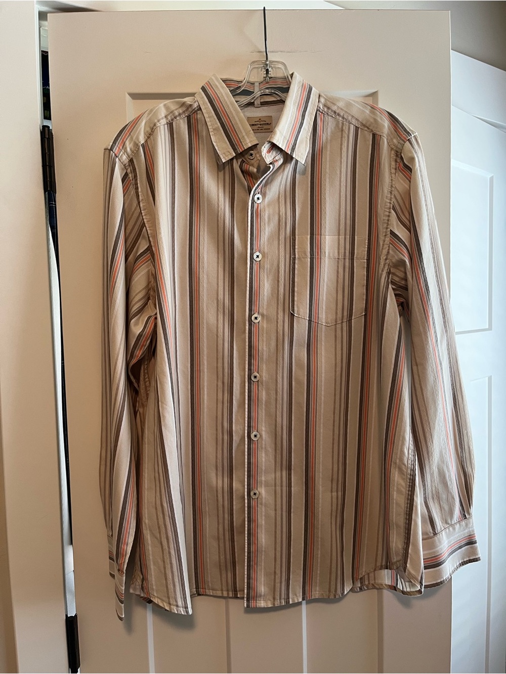 Tommy Bahama Men's Long-Sleeve Striped Button-Down in Beige, Tan and Coral